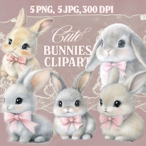 Handgezeichnete Flauschige Häschen Clipart - 5 süsse Kawaii entzückende kokette Kaninchen Illustrationen mit Rosa Schleife - Sofortiger Download in PNG und JPG