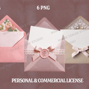 Pode incluir: Tr&ecirc;s envelopes decorativos em rosa, rosa transl&uacute;cido e bege, cada um com um cart&atilde;o branco no interior. O envelope rosa tem um interior floral, o transl&uacute;cido tem um la&ccedil;o e um selo de rosa, e o bege tem uma guarni&ccedil;&atilde;o de renda e um la&ccedil;o. Texto: "high res", "6 PNG", "300 DPI" e "PERSONAL & COMMERCIAL LICENSE".