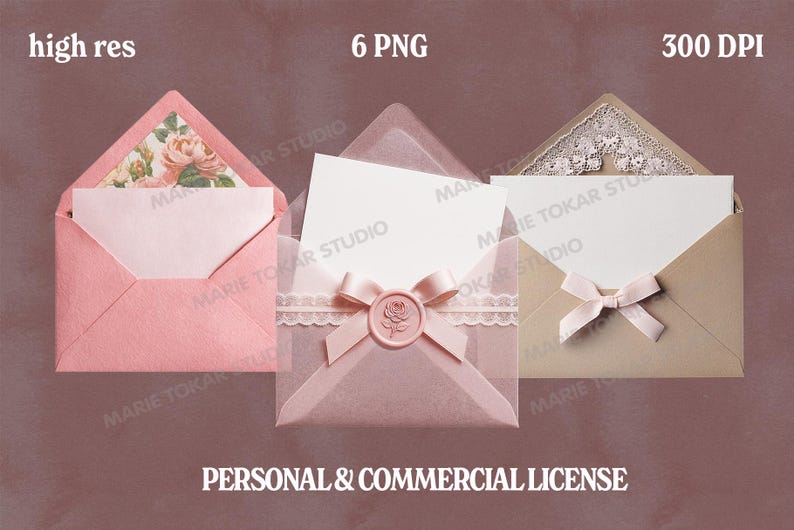 Pode incluir: Tr&ecirc;s envelopes decorativos em rosa, rosa transl&uacute;cido e bege, cada um com um cart&atilde;o branco no interior. O envelope rosa tem um interior floral, o transl&uacute;cido tem um la&ccedil;o e um selo de rosa, e o bege tem uma guarni&ccedil;&atilde;o de renda e um la&ccedil;o. Texto: "high res", "6 PNG", "300 DPI" e "PERSONAL & COMMERCIAL LICENSE".
