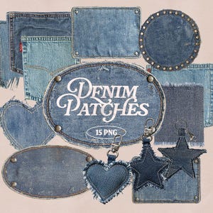 Op de afbeelding: Een verzameling blauwe denim patches in diverse vormen, waaronder rechthoeken, cirkels, ovalen, harten en sterren, sommige met gerafelde randen en metalen studs. De centrale ovale patch bevat de witte tekst Denim Patches 15 PNG.