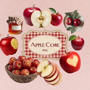 Könnte beinhalten: Eine Anordnung von roten Äpfeln, Apfelscheiben und Apfel-Elementen. Enthält ein Glas Apfelmarmelade, einen Korb mit Äpfeln und ein Schild mit der Aufschrift "Apple Core PNG".