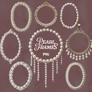 Puede incluir: Una colección de marcos de perlas en varias formas, incluyendo diseños ovalados y circulares. Algunos marcos están adornados con adornos adicionales y hebras de perlas colgantes. El texto "Pearl Frames PNG" está presente.