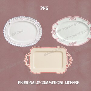 May include: Three decorative serving trays in a top-down view. Two are oval-shaped with scalloped edges and bow accents, one in white with a lace-like trim and the other with pink trim. The third tray is rectangular with pink trim and handles. The image includes the text "high res", "PNG", "300 DPI", and "PERSONAL & COMMERCIAL LICENSE".