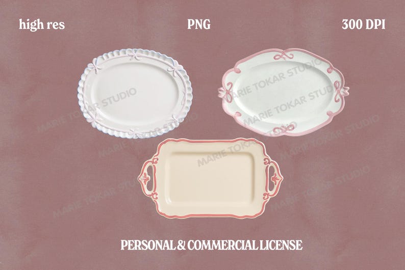 May include: Three decorative serving trays in a top-down view. Two are oval-shaped with scalloped edges and bow accents, one in white with a lace-like trim and the other with pink trim. The third tray is rectangular with pink trim and handles. The image includes the text "high res", "PNG", "300 DPI", and "PERSONAL & COMMERCIAL LICENSE".