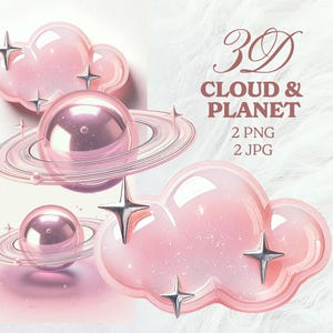 May include: 3D pink cloud and planet with silver stars. The cloud has a glittery texture. 2 PNG and 2 JPG files.