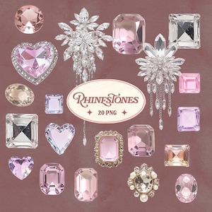 May include: An assortment of pink and clear rhinestones in various shapes, including hearts, squares, and ovals. Some rhinestones are set in silver-colored metal. The image includes the text "Rhinestones 20 PNG" in a decorative oval.