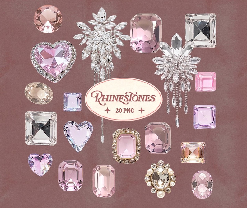 May include: An assortment of pink and clear rhinestones in various shapes, including hearts, squares, and ovals. Some rhinestones are set in silver-colored metal. The image includes the text "Rhinestones 20 PNG" in a decorative oval.