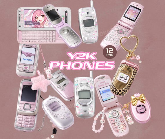 Y2K Phones PNG Clipart Set, Retro Flip Phones, Cute Kawaii Cell Phones, Early 2000s Aesthetic, Cyber Y2K Digital Stickers Clip Art Pack PNG