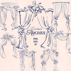 以下が含まれることがあります： 淡い桃色の背景に、ネイビーブルーのカーテンアーチのイラスト集。デザインは様々で、ドレープされた布、花のアクセント、装飾的な要素が特徴です。「Curtain Arches」の文字と、ファイル形式を示すPNG、SVG、AIの文字が描かれています。