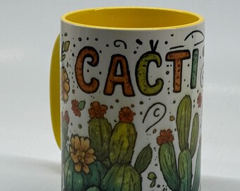 Cacti Mug with Bright Colors and Floral Accents