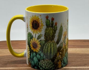 Bright colors cactus mug with sunflowers