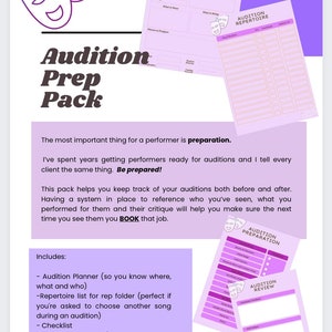May include: A purple and white printable audition prep pack with two smiling masks. The pack includes an audition planner, a repertoire list, a checklist, and an audition review.