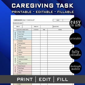 Caregiver Daily Tasks Log. Caregiver Time Worked. Elderly Care Caregiving Checklist. Fillable & Printable PDF. Excel Template Google Sheets