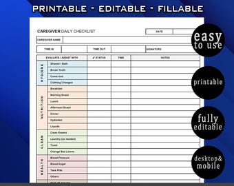 Caregiver Daily Tasks Log. Caregiver Time Worked. Elderly Care Caregiving Checklist. Fillable & Printable PDF. Excel Template Google Sheets
