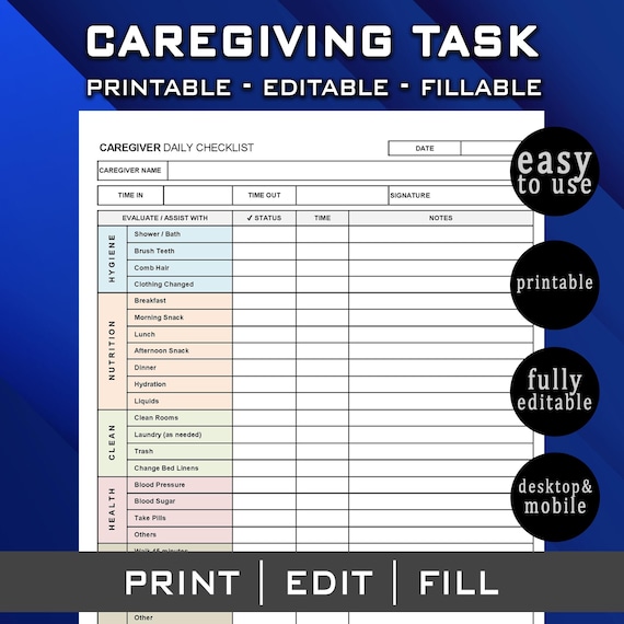 Caregiver Daily Tasks Log. Caregiver Time Worked. Elderly Care Caregiving Checklist. Fillable & Printable PDF. Excel Template Google Sheets