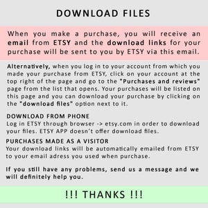 May include: A white and pink informational graphic with the title "DOWNLOAD FILES." The text explains how to download files purchased on Etsy, including instructions for email, account access, and mobile devices. The graphic ends with "!!! THANKS !!!."