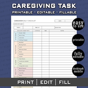 May include: A printable and editable caregiver daily checklist with sections for hygiene, nutrition, clean, and health. The document includes fields for time in, time out, status, time, and notes. The design is easy to use and accessible on desktop and mobile.