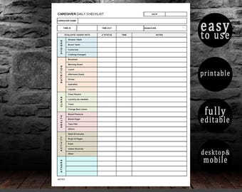 Printable Caregiver Checklist | Daily Log for Home Care, Elderly, or Patient Support – PDF Download, Fillable Printable PDF. Excel Template