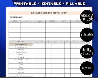 Caregiver Activity Report | Elder Care Checklist | Printable Daily Log & Time Sheet | Editable PDF + Excel | Senior Care Task List