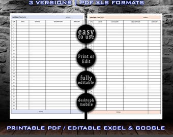 Income Tracker and Expense Tracker Spreadsheet – Monthly Budget Planner, Business Finance Log, Editable Excel PDF
