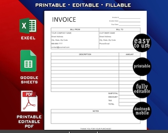 Editable Invoice Template | Professional Business Form | Invoice Receipt | Small Business | Microsoft Excel , Google Sheets , Adobe PDF