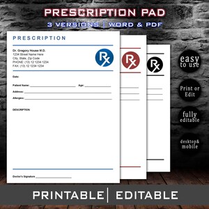 Modèle de bloc-notes pour ordonnance de médecin, feuille d'ordonnance, modifiable, imprimable, remplissable, MS Word et Google Docs, téléchargement de formulaire d'ordonnance à remplir