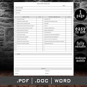 New Hire Checklist Template Pdf Docx Word New Employee Checklist Form Editable digital file, Employee Onboarding Template. HR New Hire Form