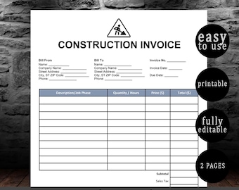 Construction Invoice Template | Contractor Invoice | Editable Invoice Template | Subcontractor Invoice Spreadsheet for Small Business