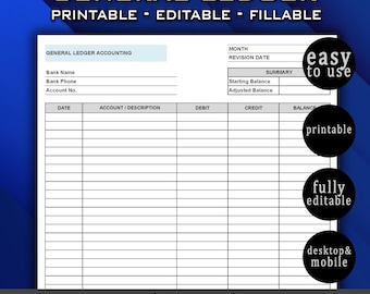 Printable General Ledger Template PDF Word Excel, Editable Bookkeeping Log, Small Business Accounting Template, Digital Download