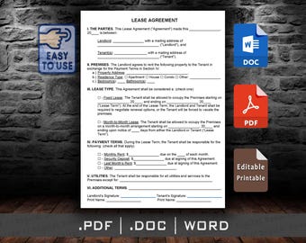 Lease Rental Agreement Form - Lease Rental Agreement Template PDF Docx Word, Printable Editable digital download file property Ali78Digital