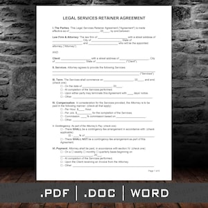 Könnte beinhalten: Ein schwarz-weißes Formular für einen Rechtsdienstleistungsvertrag mit Textfeldern zum Ausfüllen der Namen der Anwaltskanzlei, des Anwalts, des Mandanten und der zu erbringenden Leistungen. Das Formular enthält Abschnitte für die Laufzeit des Vertrags, die Vergütung, die Eventualität und die Zahlung.