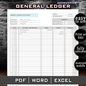 General Ledger Accounting Template Printable, General Ledger Editable, Money Tracker, Bookkeeping Template, Bank Ledger Form, Bank Form pdf