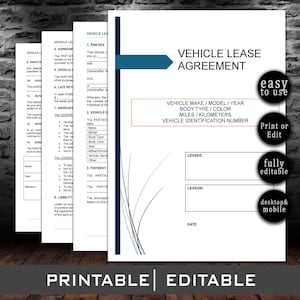 Vehicle Lease Agreement Template | Fillable PDF, Printable, Editable Word & Google Docs | Car Lease Contract, Vehicle Rental Agreement Form