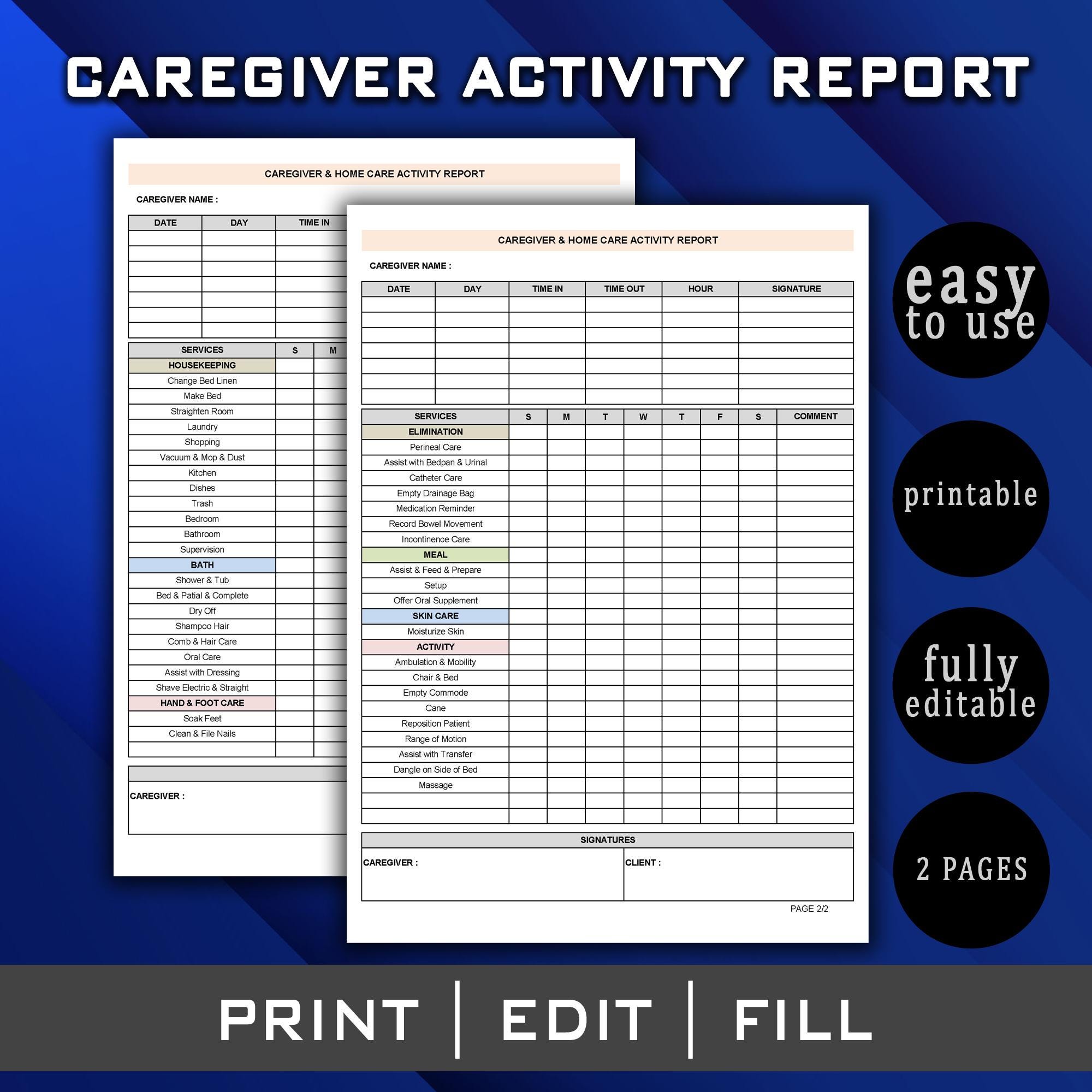 Caregiver Activity Report | Elder Care Checklist | Printable Daily Log ...