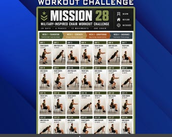 28 Day Military Chair Workout Challenge, Seated Bodyweight Fitness Plan, Chair Exercise Poster PDF JPG