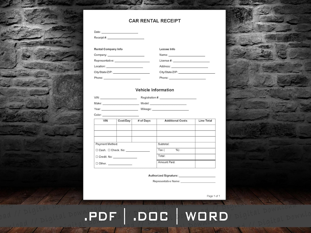 Car Rental Receipt Template PDF DOCX Word, Car Rental Agency Forms ...