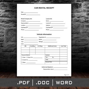 Op de afbeelding: Een zwart-wit printbaar huurcontract voor een auto met velden voor datum, ontvangstnummer, informatie over het verhuurbedrijf, informatie over de huurder, voertuiginformatie, betaalmethode en het totale bedrag dat verschuldigd is.