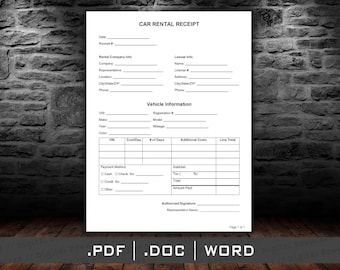 Car Rental Receipt Template PDF DOCX Word, car rental agency forms instant digital download, legal documents, contracts agreements templates