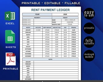 Printable Rent Payment Ledger Template PDF Excel Rent Payment Tracker, Landlord Ledger Template, Rent Ledger PDF, Monthly House Rent