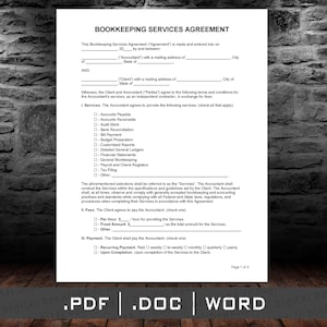 Bookkeeping (Accounting) Services Agreement Template Pdf Docx Word, Printable Editable digital download file, babysitter agreement