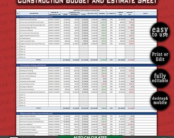 Construction Budget and Estimate Worksheet - Construction Bid Spreadsheet Template Excel & Google Sheets. Construction Cost Tracker Template