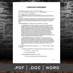 Caregiver Agreement Template Pdf Docx Word, Caregiver Agreement Form pdf Printable Editable digital download file, 2025 legal documents ali
