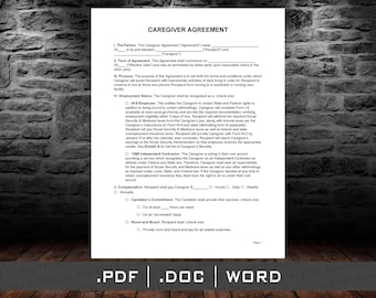 Caregiver Agreement Template Pdf Docx Word, Caregiver Agreement Form pdf Printable Editable digital download file, 2025 legal documents ali