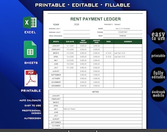 Rent Payment Ledger, Rent Payment Tracker, Landlord Ledger Template, Rent Ledger PDF, Monthly House Rent Record Log, Excel Google Sheets