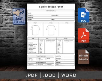 Simple Shirt Order Form , Simple T-shirt Order Form Template PDF Docx Word , Printable Editable digital download file Ali78Digital