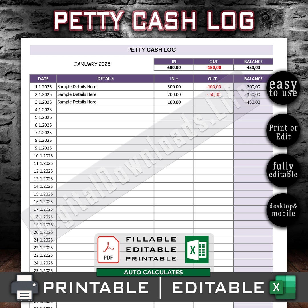 Petty Cash Log Template | Editable Excel & PDF | Cash Book Tracker for ...