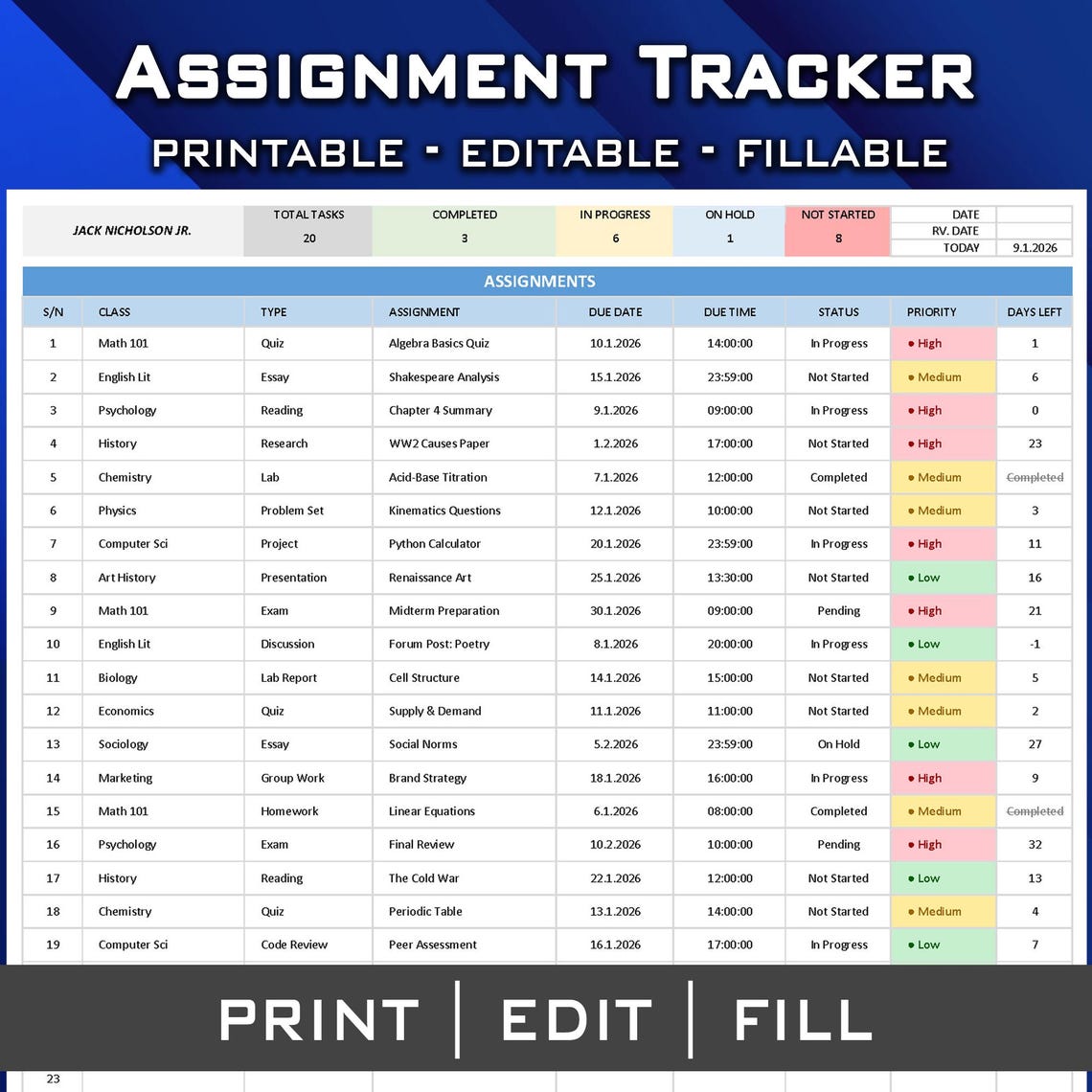 Assignment Tracker Spreadsheet | Student Planner Google Sheets Excel ...