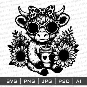 Cute Highland Cow SVG, Sunflower Cow SVG, Boho Highland Cow Clipart, Farm Animal SVG Cricut Silhouette, Cow Sunglasses, Instant Download