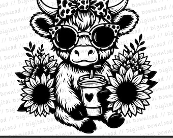 Cute Highland Cow SVG, Sunflower Cow SVG, Boho Highland Cow Clipart, Farm Animal SVG Cricut Silhouette, Cow Sunglasses, Instant Download