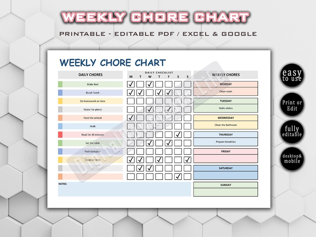 Fillable Editable Weekly Chore Chart for Kids | Kids Weekly ...